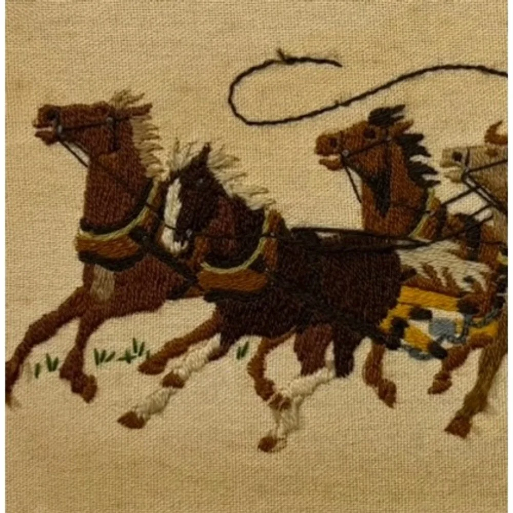 Vintage Western Stagecoach Horse Needlepoint Framed Wall Art 20.5x13 Grumbacher